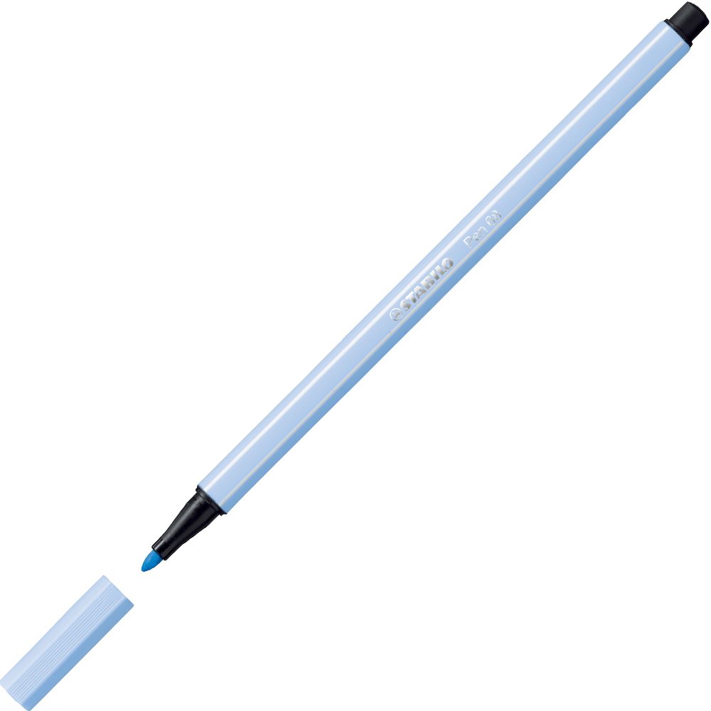 blauer Filzstift mit abnehmbarem Deckel. Die Spitze ist rund und die Farbe ist kräftig.