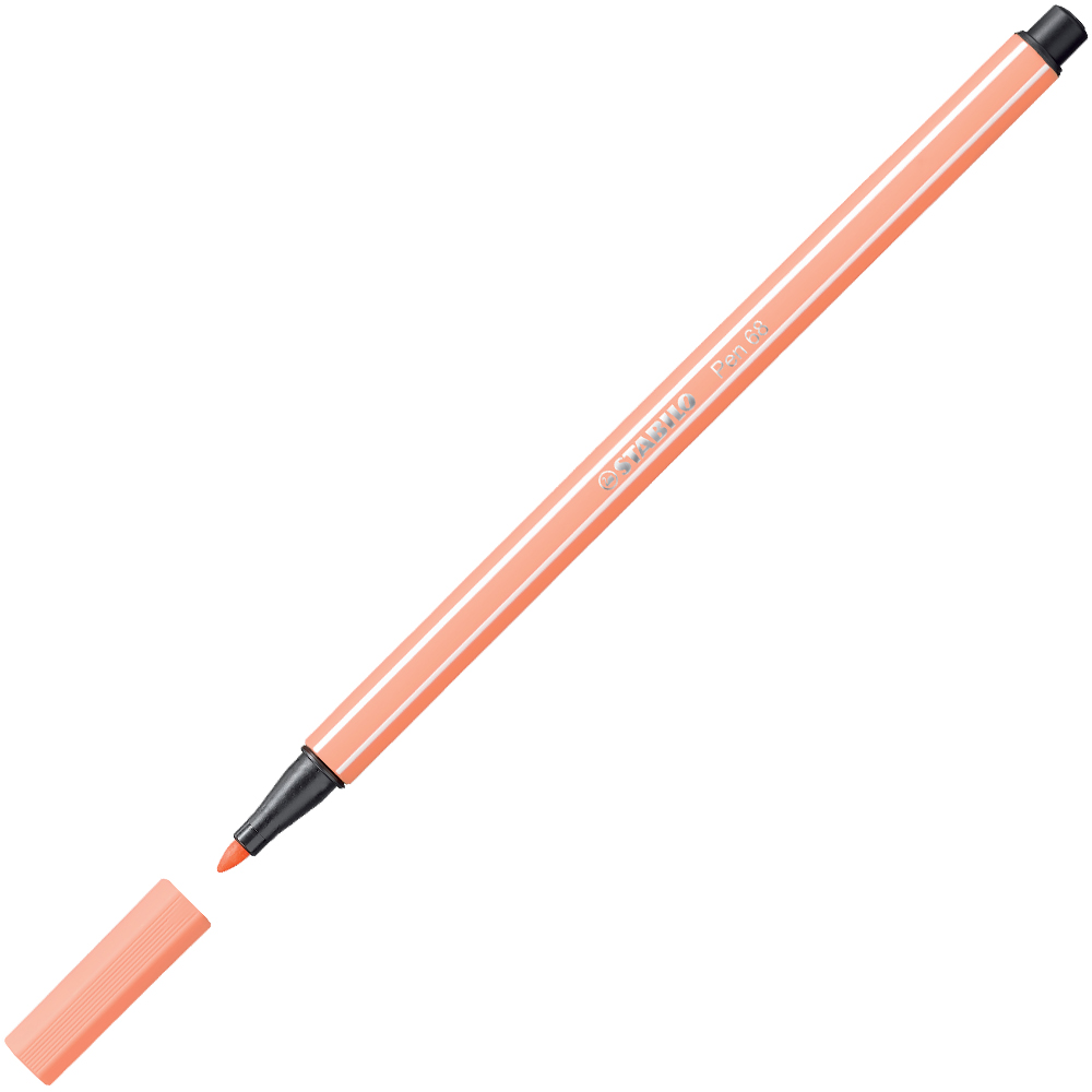 orangefarbener Filzstift mit schwarzem Deckel. Spitze ist fein und spitz zulaufend. Der Stift hat zwei weiße Streifen entlang der Seite.