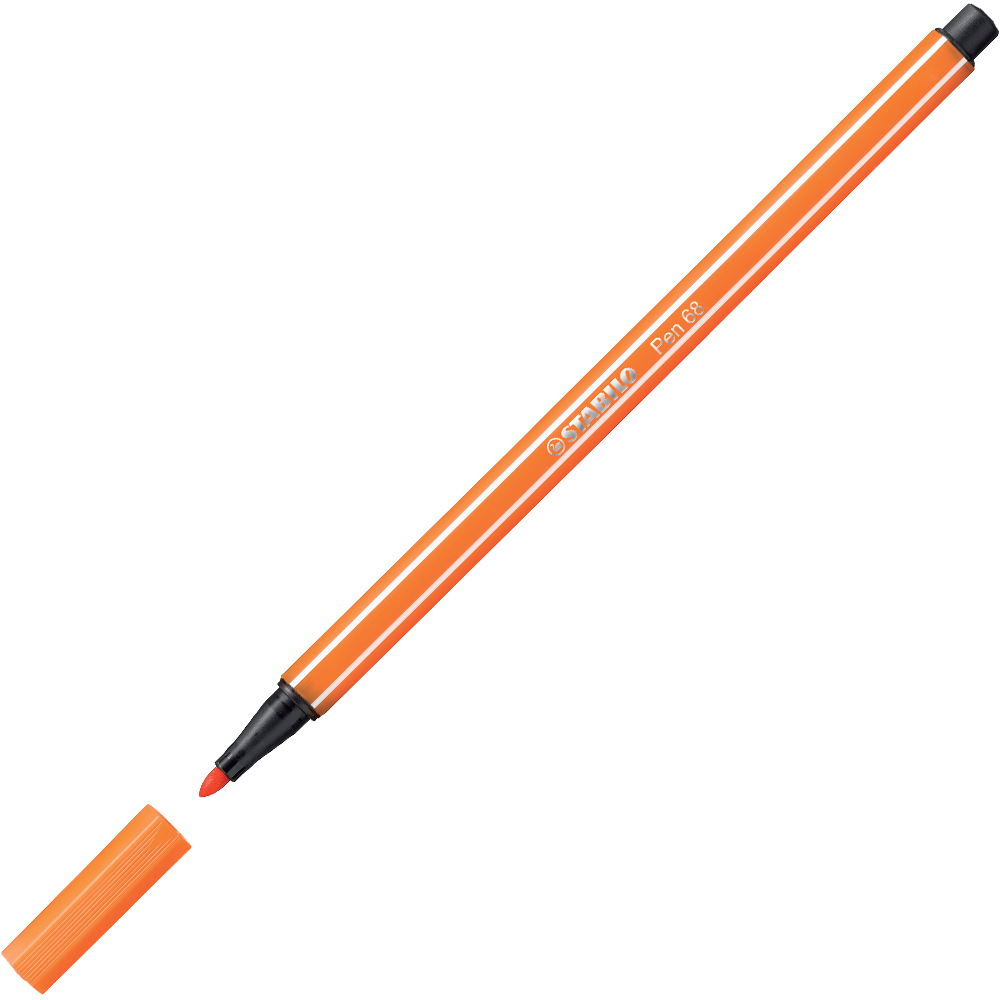 orangefarbener Filzstift mit schwarzem Deckel. Spitze ist rund und leicht angespitzt. Markierung auf dem Stift: 'STABILO Pen 68'.
