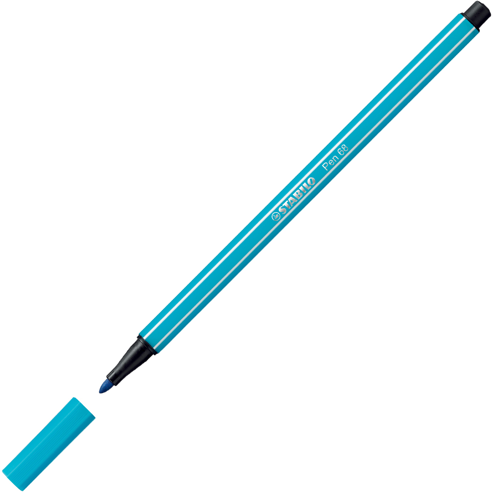 blauer Filzstift mit schwarzem Deckel. Langer, schlanker Körper. Schriftzug 'STABILO Pen 68' auf der Seite.