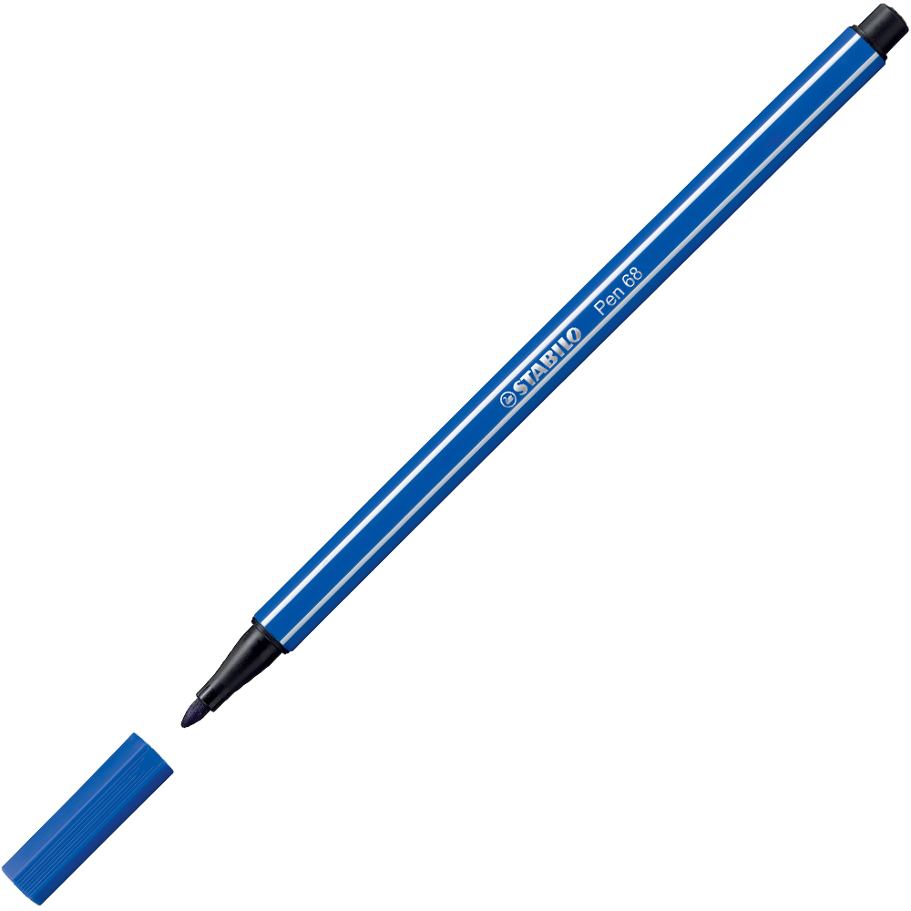 blauer Filzstift mit schwarzem Deckel. Auf dem Stift steht 'STABILO Pen 68'.