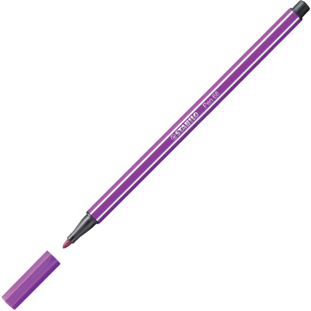 lila Filzstift mit schwarzem Deckel. Spitze ist rund. Markierung 'STABILO Pen 68' auf dem Körper.
