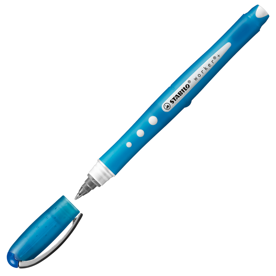 blauer Stift mit Kappe und feiner Spitze. Ergonomisches Design mit runder Form.