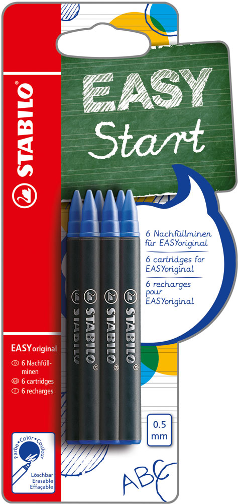 Packung mit sechs blauen Nachfüllminen für den Stabilo EASYoriginal. Die Minen haben eine Strichstärke von 0,5 mm.