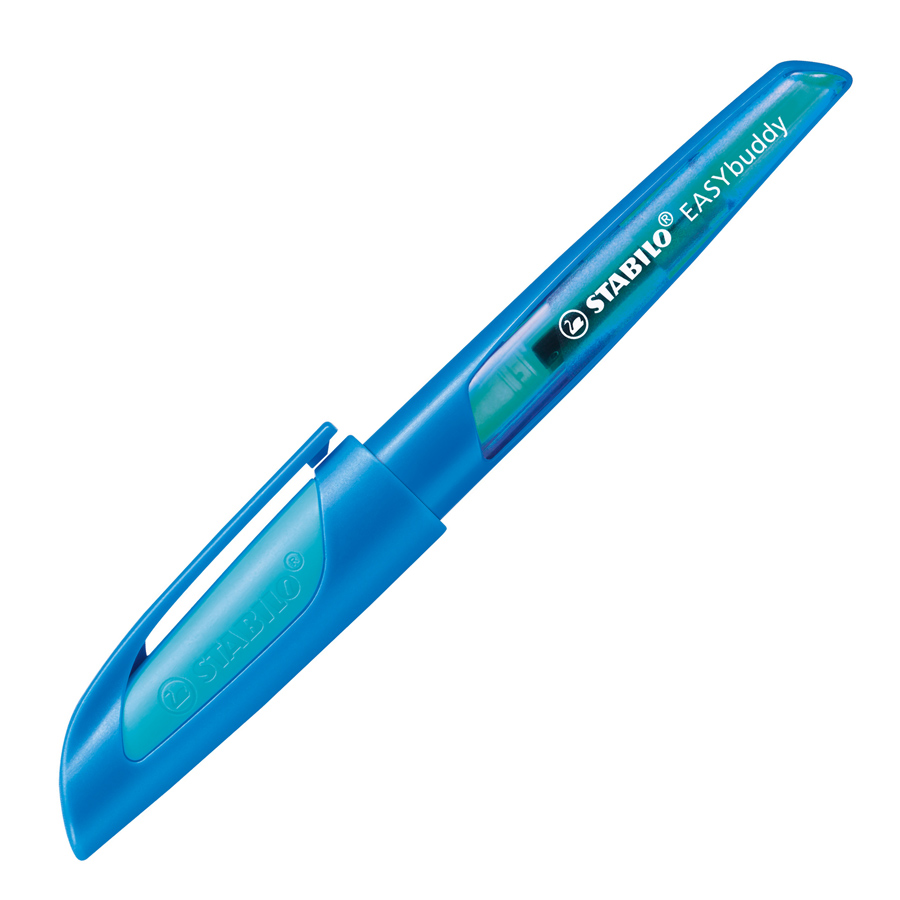 blauer Textmarker mit abgerundetem Design. Der Deckel ist transparent und zeigt die Tintenfarbe.