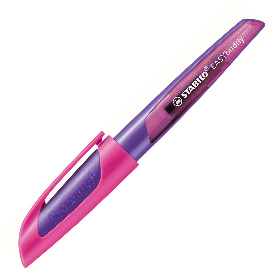 Lila und pinker Textmarker mit abgerundeter Kappe. Der Stift hat eine transparente Hülle.