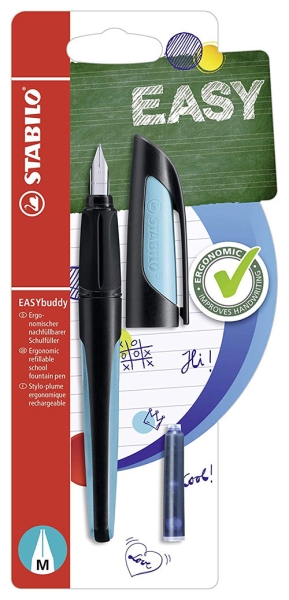 Schwarzer Füller mit ergonomischem Griff. Verpackung zeigt den Schriftzug 'EASY' und ein Beispielblatt.