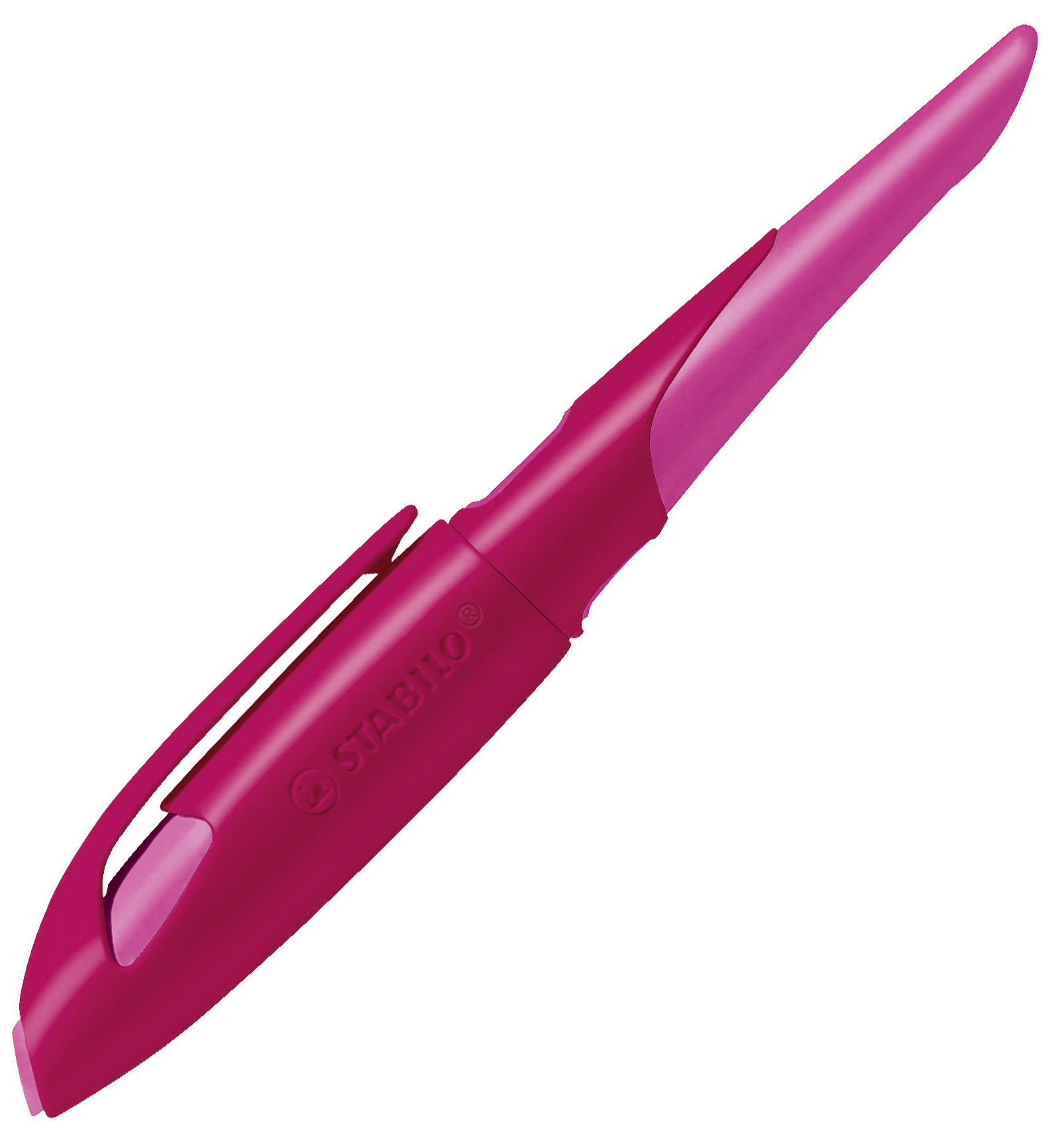 Fuchsia farbiger Textmarker mit einer spitzen Kante. Ergonomisches Design mit Clip.