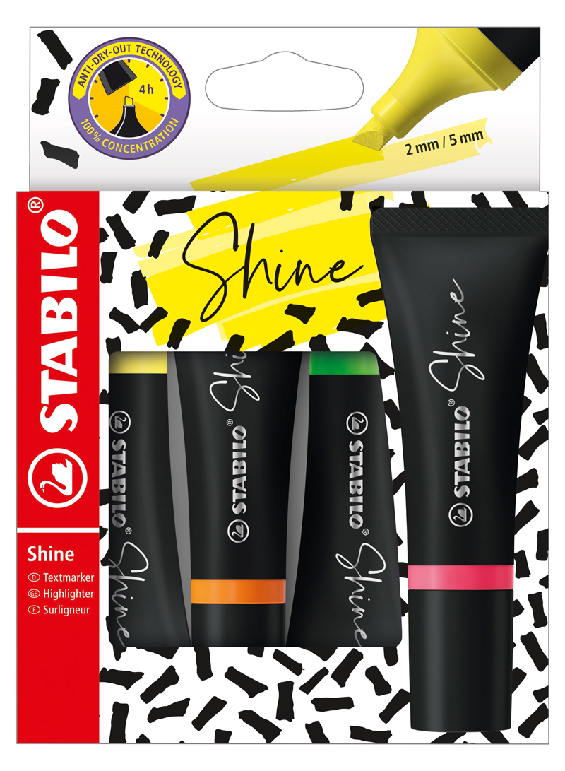 Set von Stabilo Shine Textmarkern. Vier Marker in verschiedenen Farben: Gelb, Grün, Orange, Pink. Verpackung mit buntem, grafischem Muster.