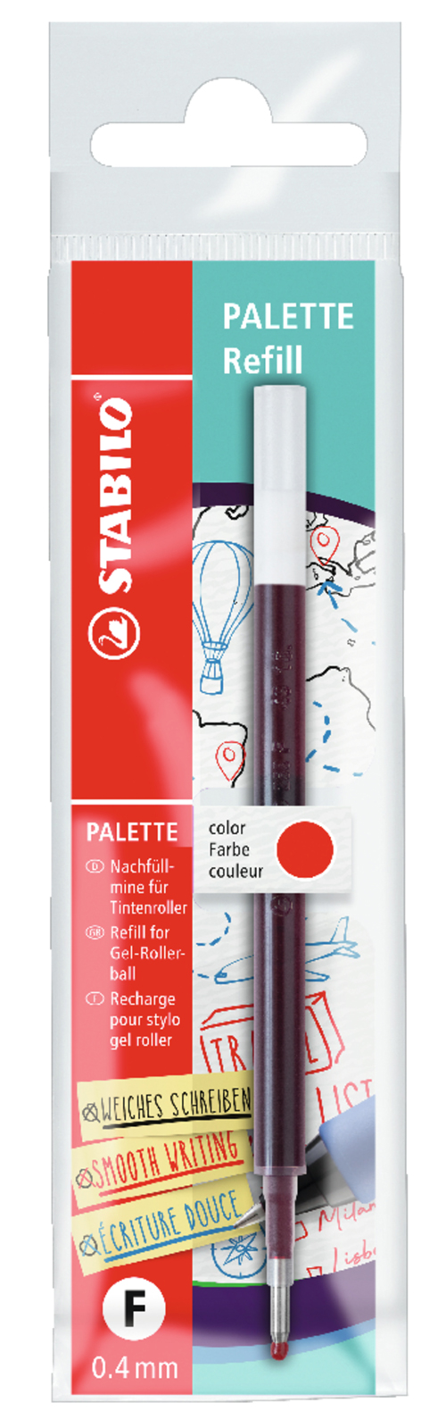 Nachfüllmine für Gel-Roller in rot. Verpackung zeigt verschiedene Zeichnungen und Hinweise zur Verwendung.