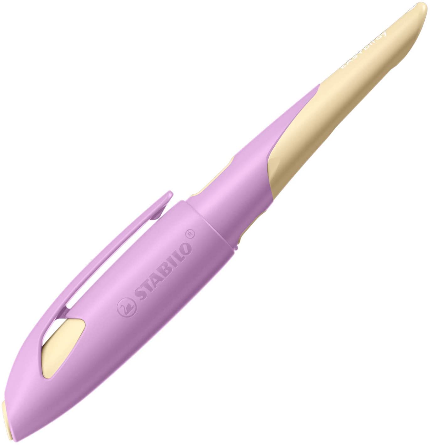 Lila Textmarker mit gelbem Deckel. Ergonomische Form für besseren Halt.
