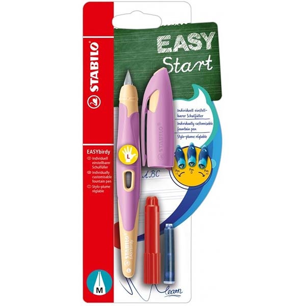 Set mit einem lila und beigen Füller, einem roten und blauen Tintenpatrone. Verpackung zeigt eine Tafel mit 'EASY Start'.