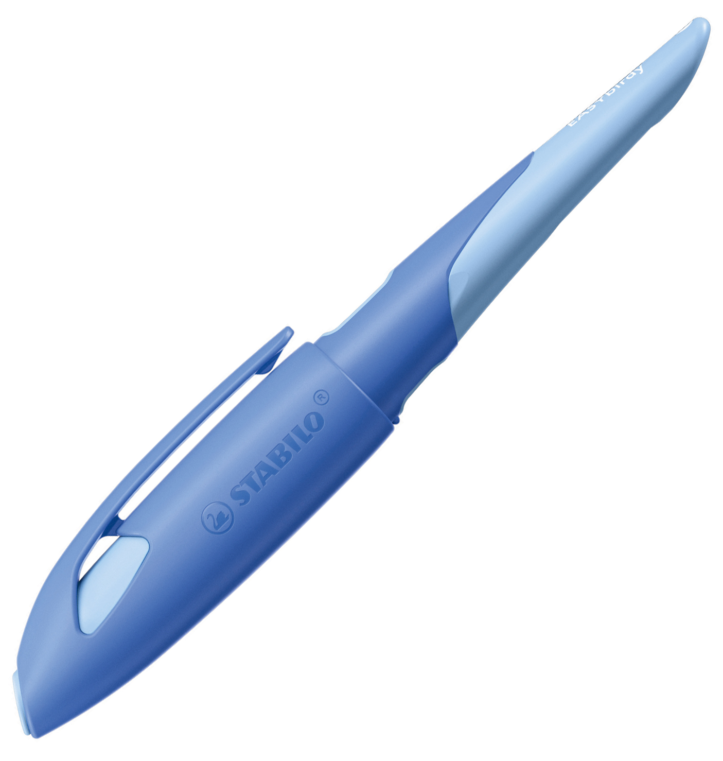 blauer Textmarker mit ergonomischem Design. Die Kappe ist hellblau und der Körper dunkelblau.
