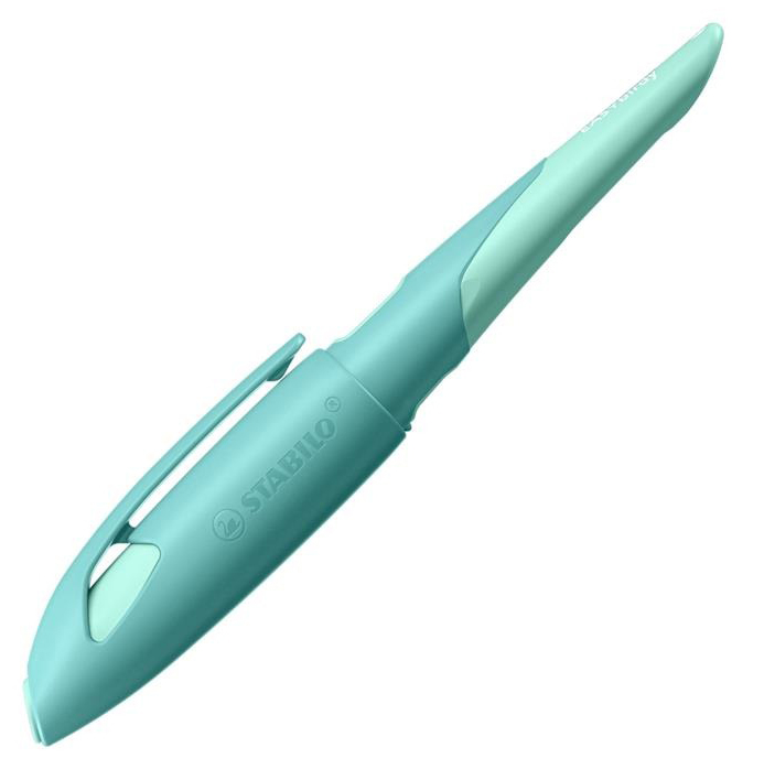 Türkisfarbener Textmarker mit abgerundeter Spitze. Der Stift hat einen Clip und eine glatte Oberfläche.