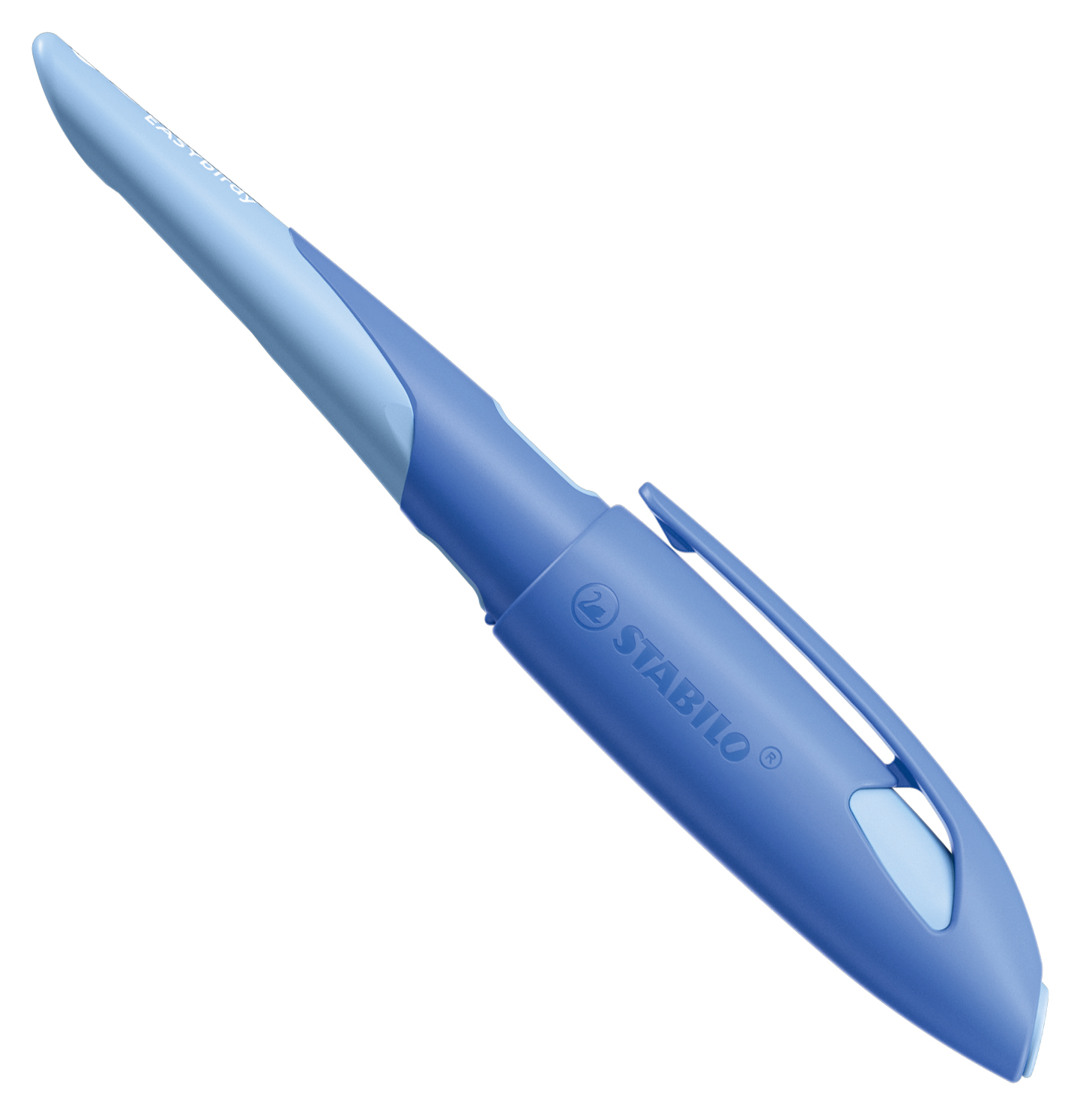 blauer Textmarker mit einer breiten Spitze. Der Körper ist ergonomisch geformt.