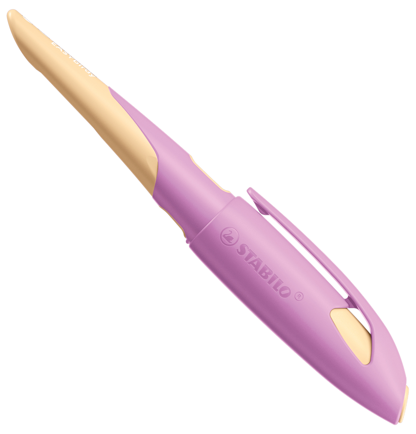 Lila Textmarker mit beige farbener Spitze. Ergonomisches Design mit Clip.