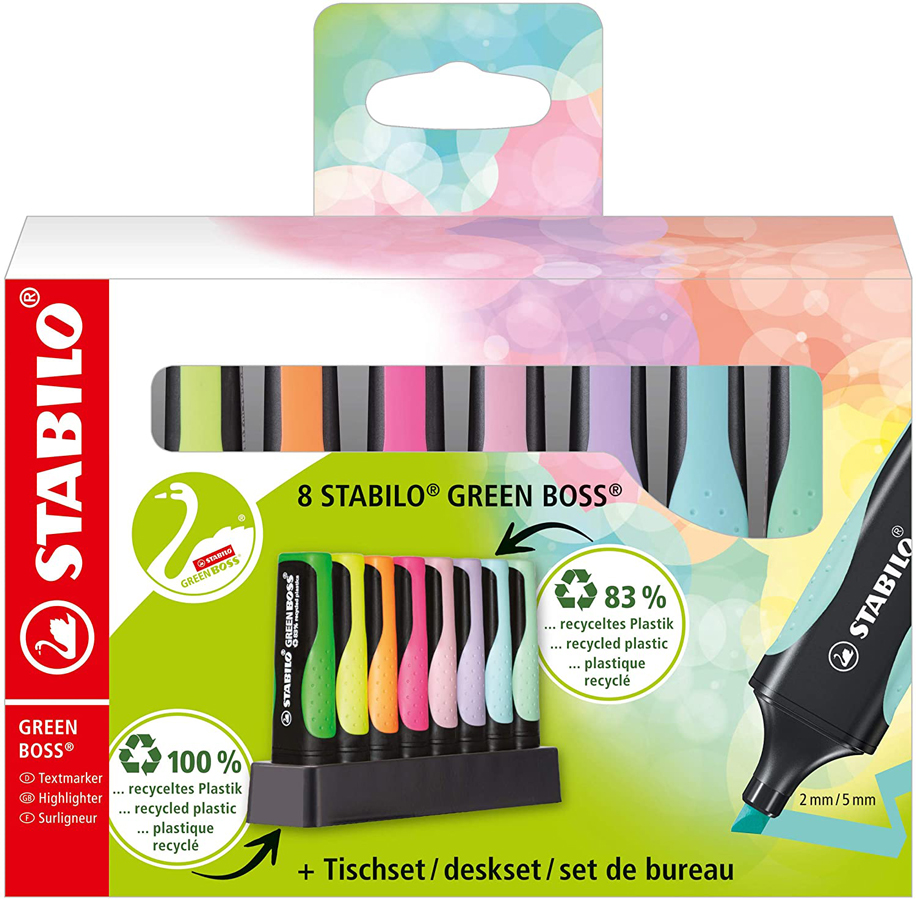 Set mit 8 Stabilo Green Boss Textmarkern. Farben: grün, orange, pink, lila, blau, schwarz. Verpackung aus recyceltem Material. Markierungen von 2 mm Breite.