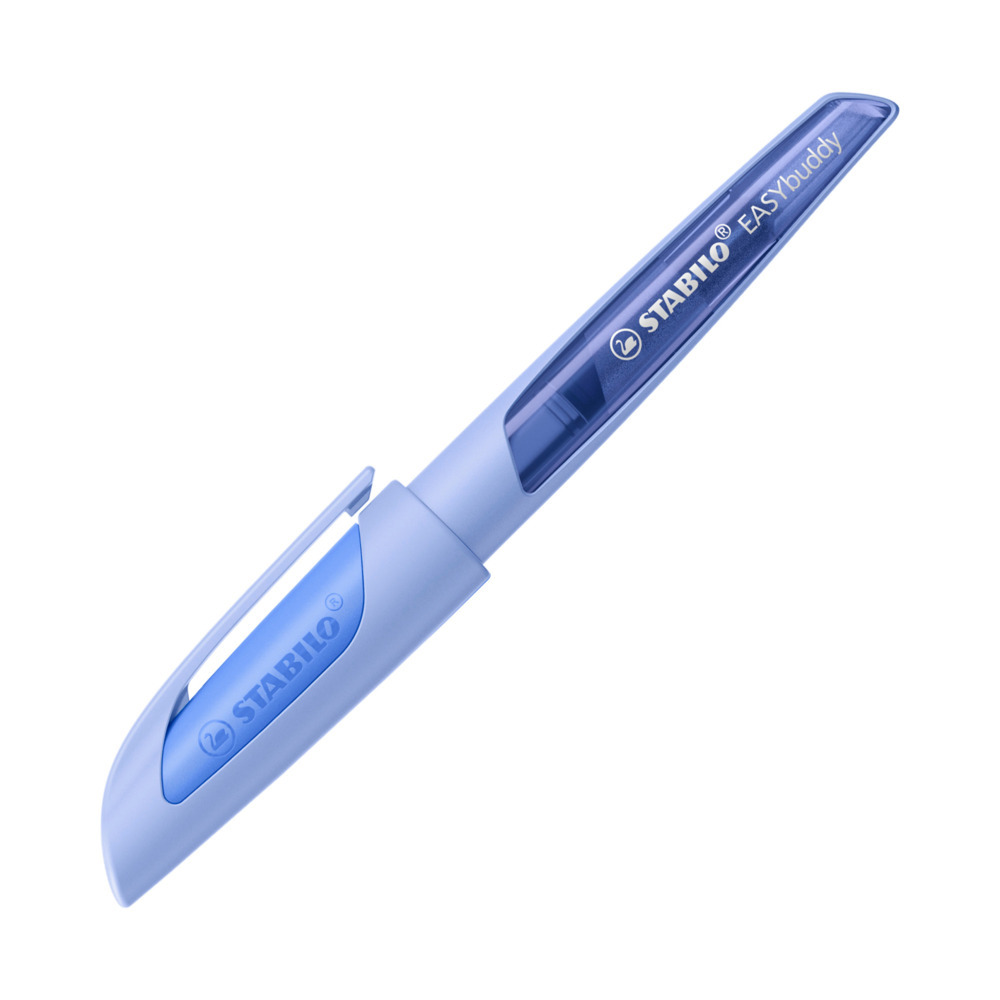 blauer Textmarker mit abgerundeter Spitze. Der Körper ist transparent und hat einen Clip.