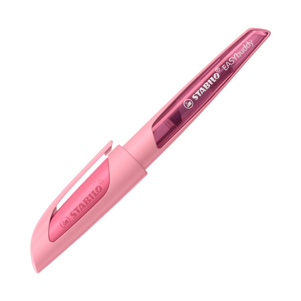 Ein pinker Textmarker mit einem transparenten Gehäuse. Die Spitze ist breit und abgerundet.