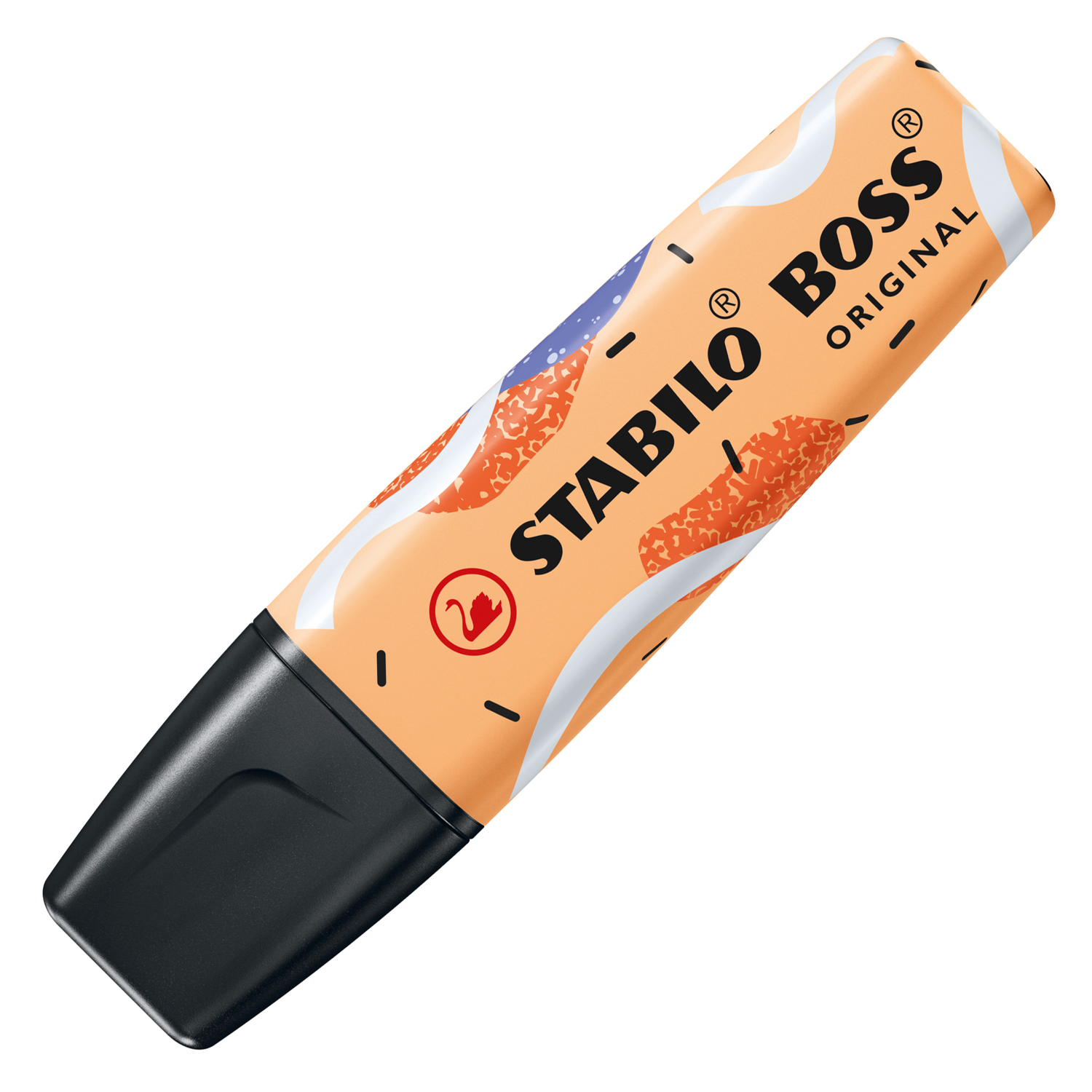 orangefarbener Textmarker mit schwarzem Deckel. Auf der Oberfläche sind bunte, geschwungene Muster. Schriftzug 'STABILO BOSS ORIGINAL'.