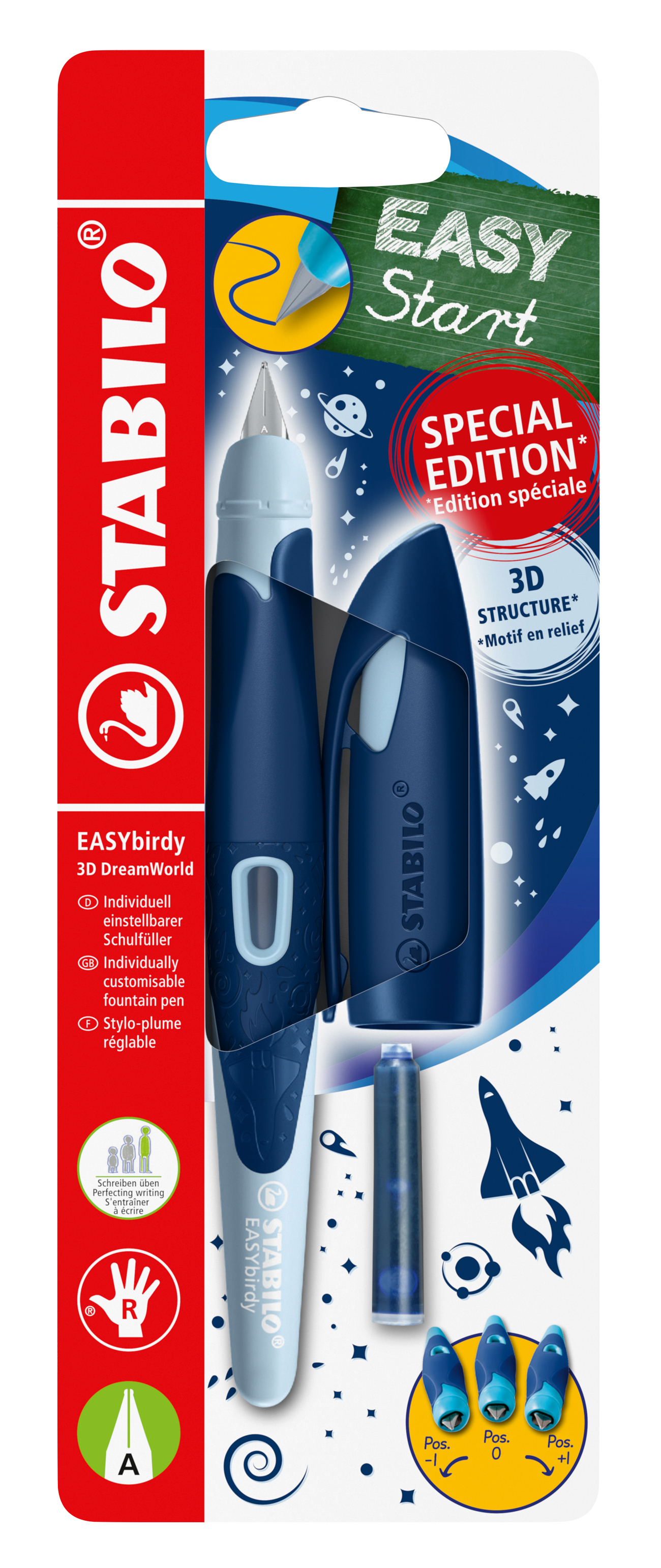 Füller in blauer Farbe mit ergonomischem Griff. Verpackung zeigt Weltraum-Motiv und enthält drei verschiedene Griffstücke.
