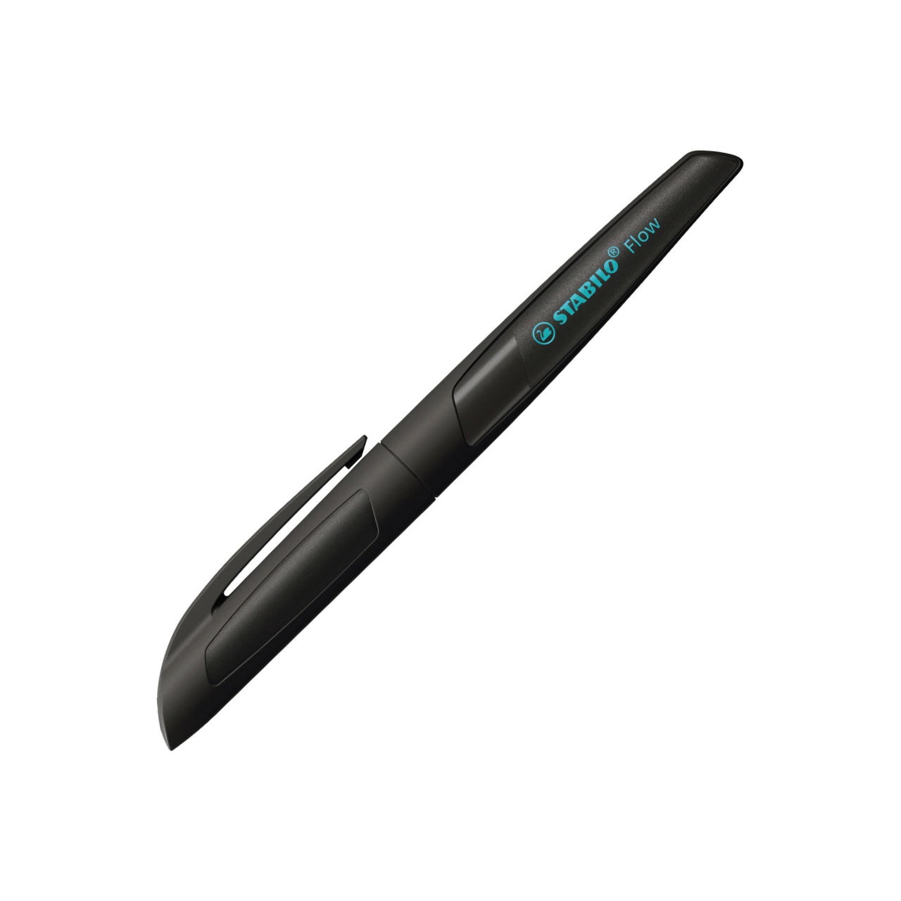 schwarzer Stift mit ergonomischem Design. Der Stift hat eine Kappe und eine glatte Oberfläche.