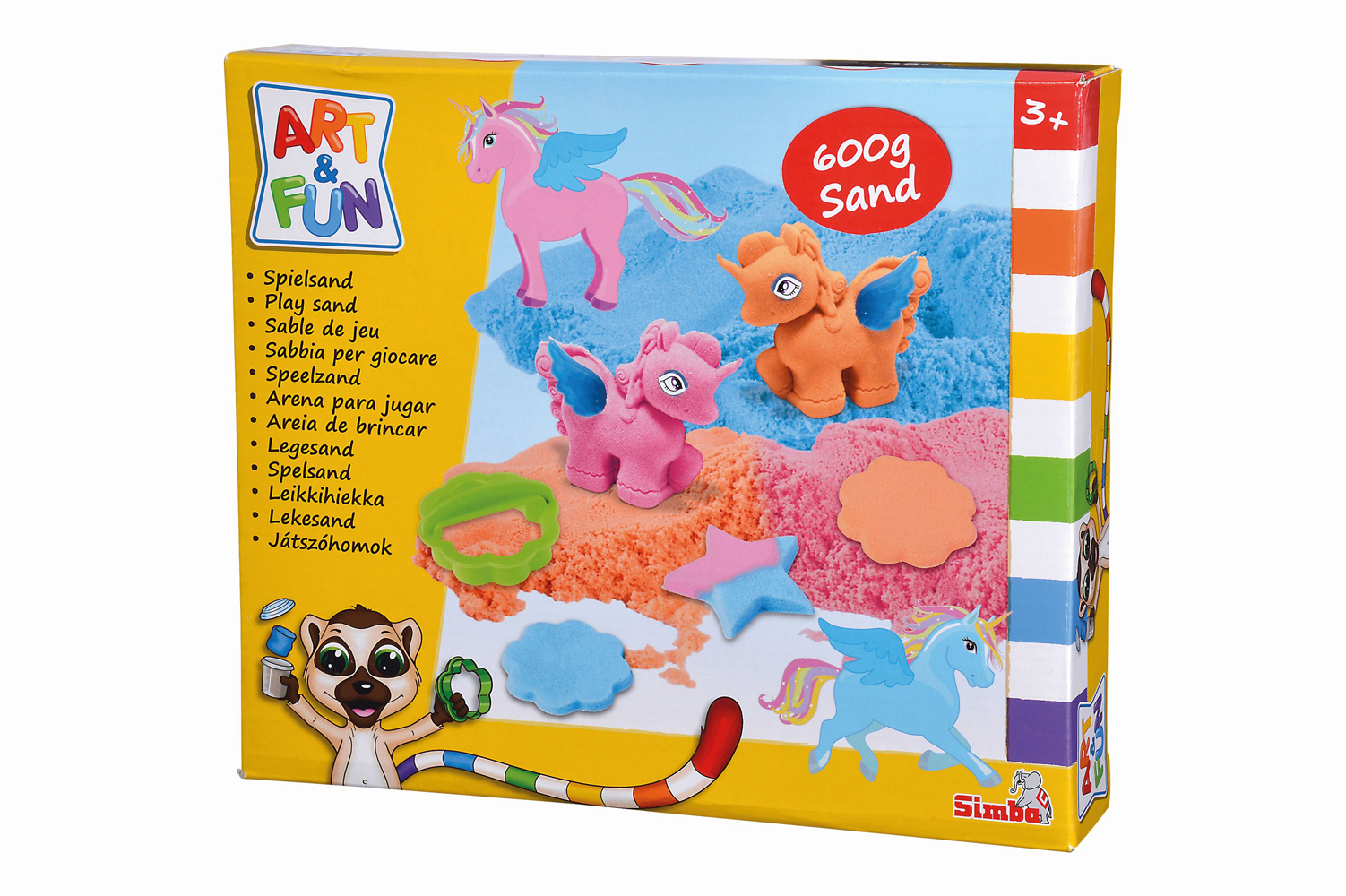 Bunte Verpackung mit Spielsand und zwei kleinen Einhornfiguren. Enthält Formen zum Spielen und ist für Kinder ab 3 Jahren geeignet.