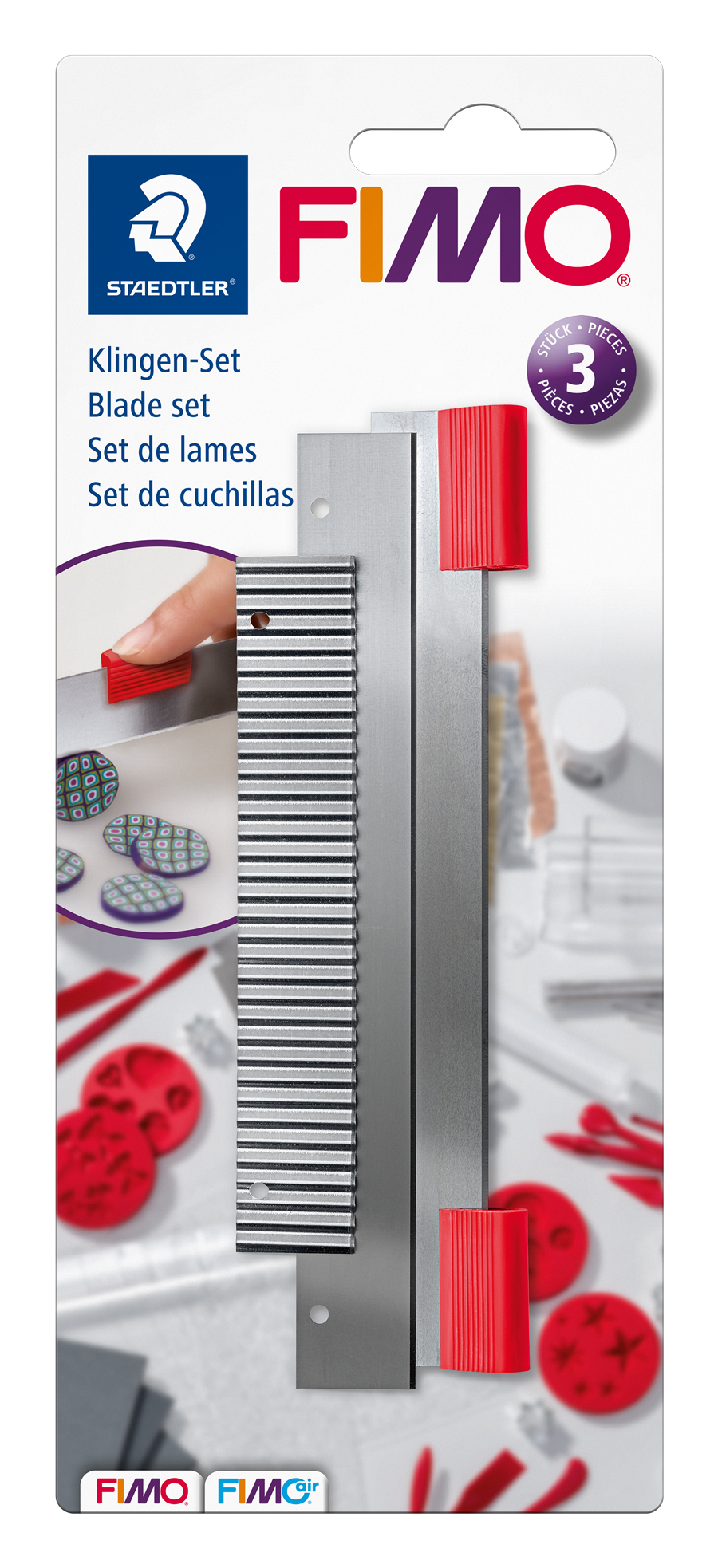 FIMO Klingen-Set. Enthält drei Klingen. Metall mit roten Griffen. Geeignet für Modellierarbeiten.