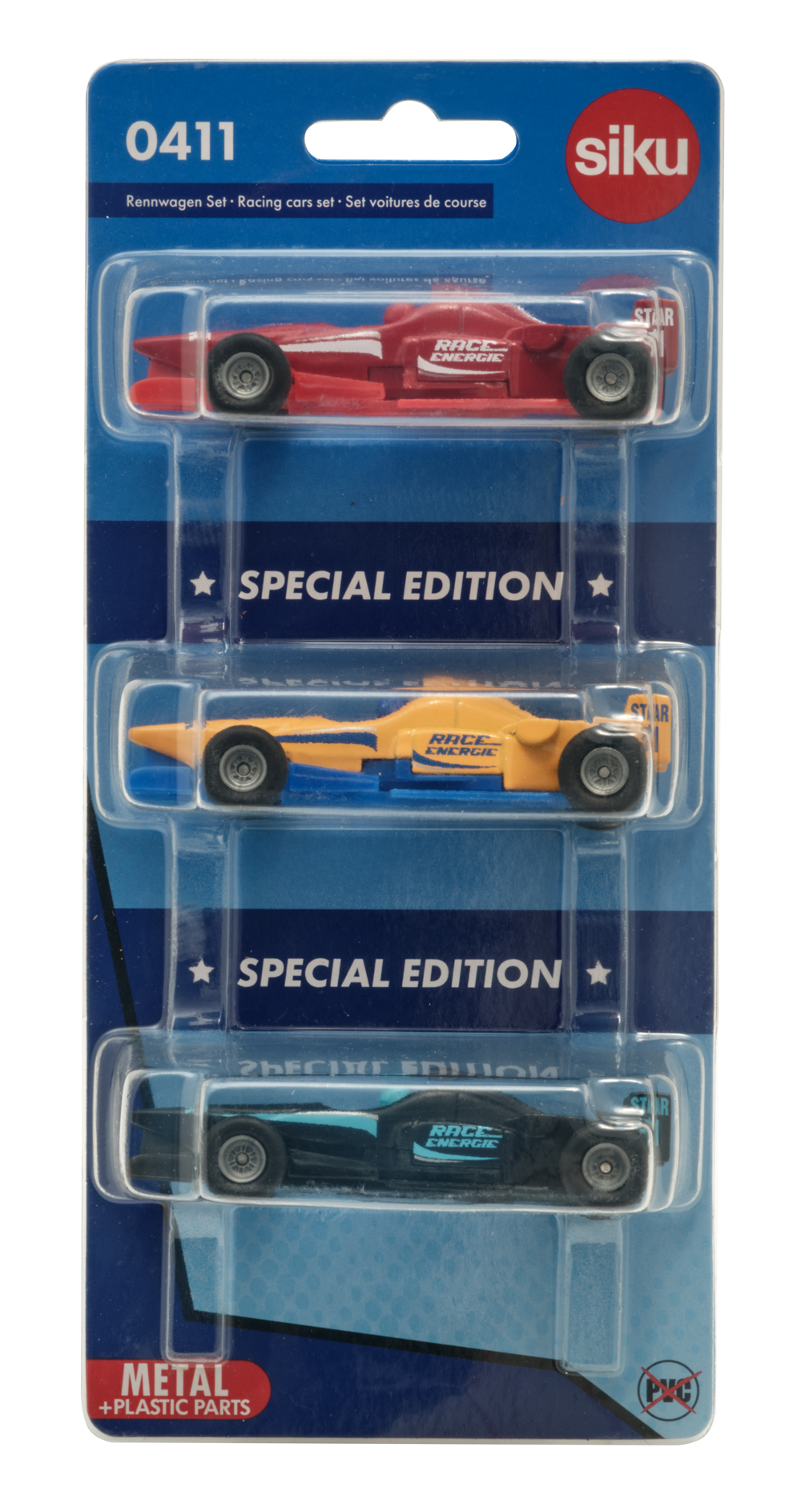 Drei kleine Rennwagen-Modelle in einer Verpackung. Farben: rot, gelb, schwarz. Auf der Verpackung steht 'SPECIAL EDITION' und 'Rennwagen Set'.