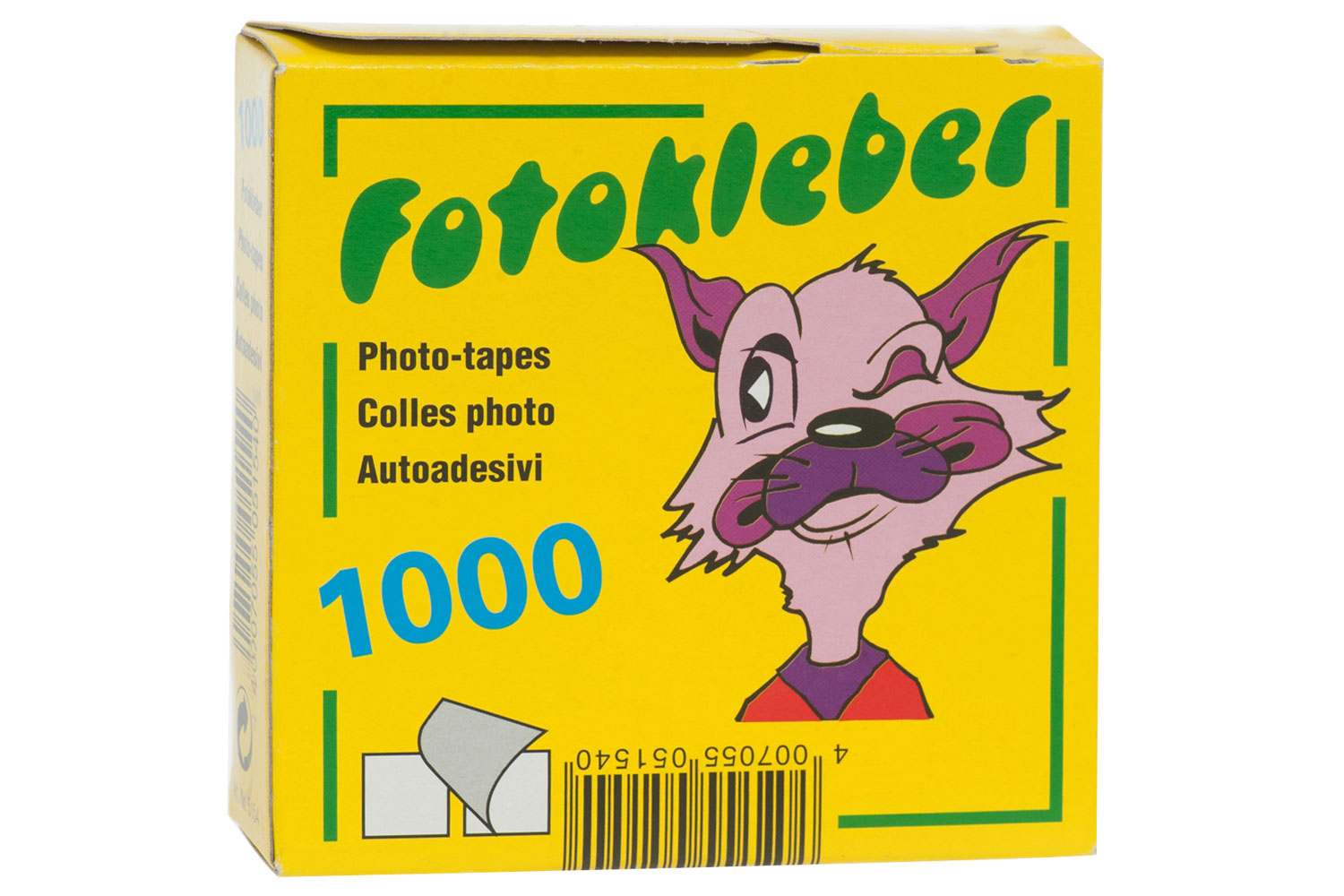 Gelbe Verpackung mit einem cartoonhaften Tier, das zwinkert. Aufschrift: 'Fotokleber', 'Photo-tapes', '1000'.