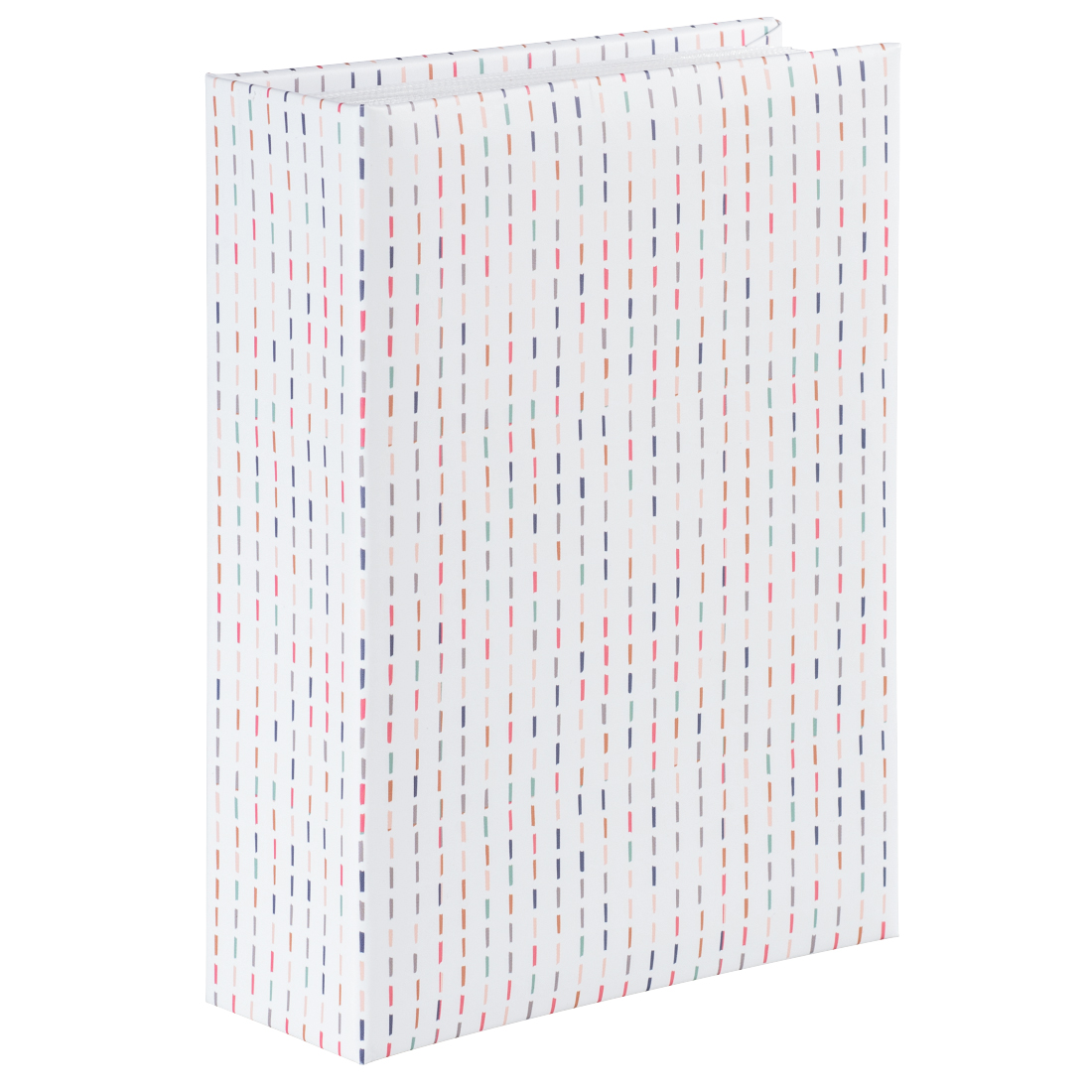 Buchcover mit buntem, gestreiftem Muster auf weißem Hintergrund. Es hat eine schlichte, elegante Form.