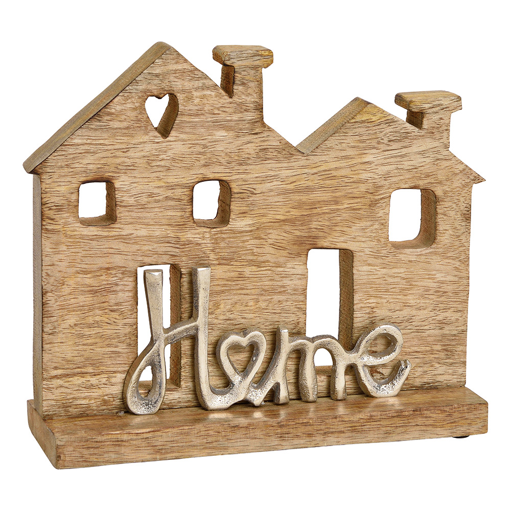 Standdeko Haus mit Metall Schriftzug Home aus Holz braun