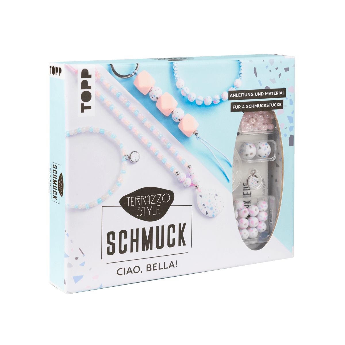 Schmuckset im Terrazzo-Stil. Enthält Materialien und Anleitung für vier Schmuckstücke.
