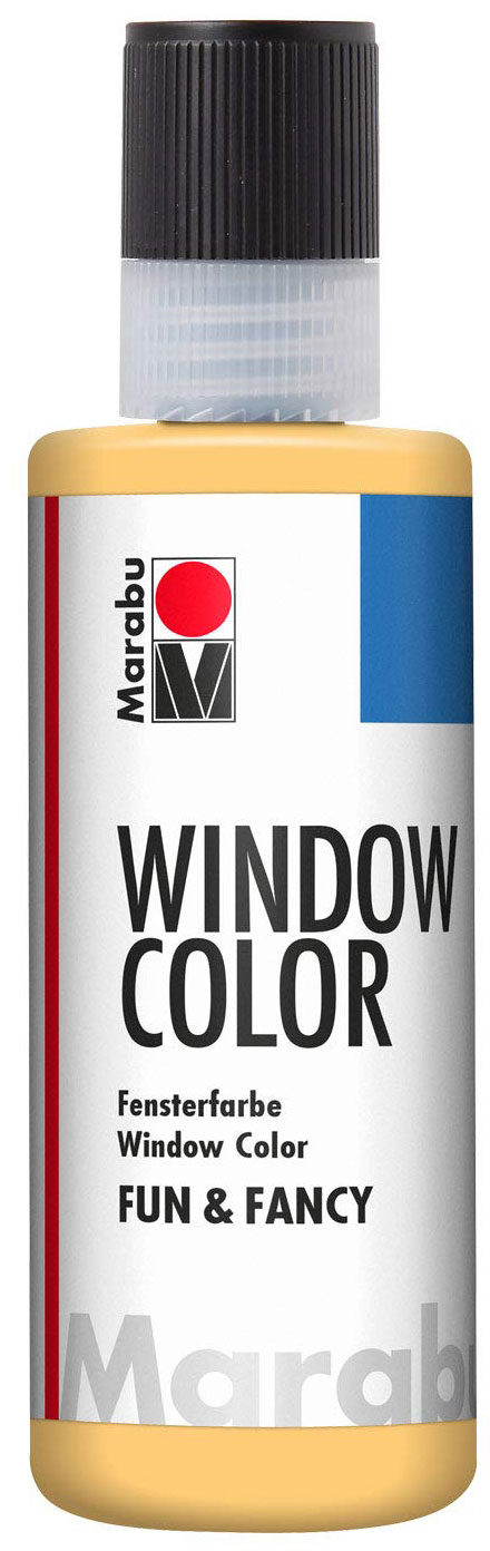 Flasche mit Fensterfarbe. Gelbe Kappe, weißer Körper. Aufschrift 'WINDOW COLOR' in Schwarz. Logo von Marabu.