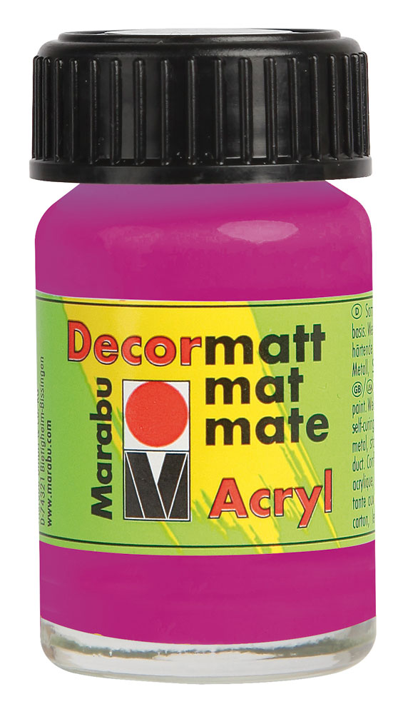 Kleine Flasche mit pinker Acrylfarbe. Schwarzer Schraubdeckel. Etikett mit buntem Design und Produktname 'Decor matt Acryl'.