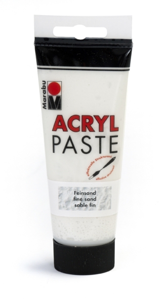 Tube mit Acrylpaste in Weiß. Aufschrift mit dem Wort 'ACRYL PASTE' und feinem Sand.