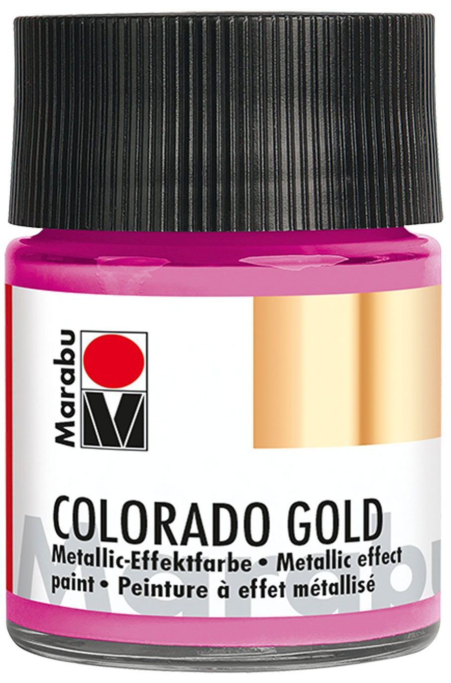 Glasbehälter mit schwarzem Deckel. Inhalt ist metallic Effektfarbe in Colorado Gold.