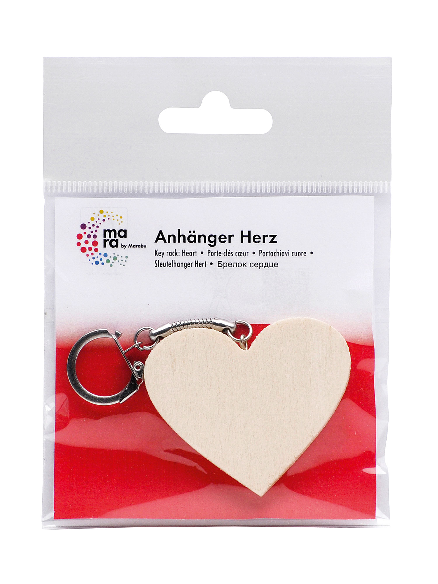 Holzanhänger in Herzform mit Schlüsselring. Verpackt in einer durchsichtigen Folie.