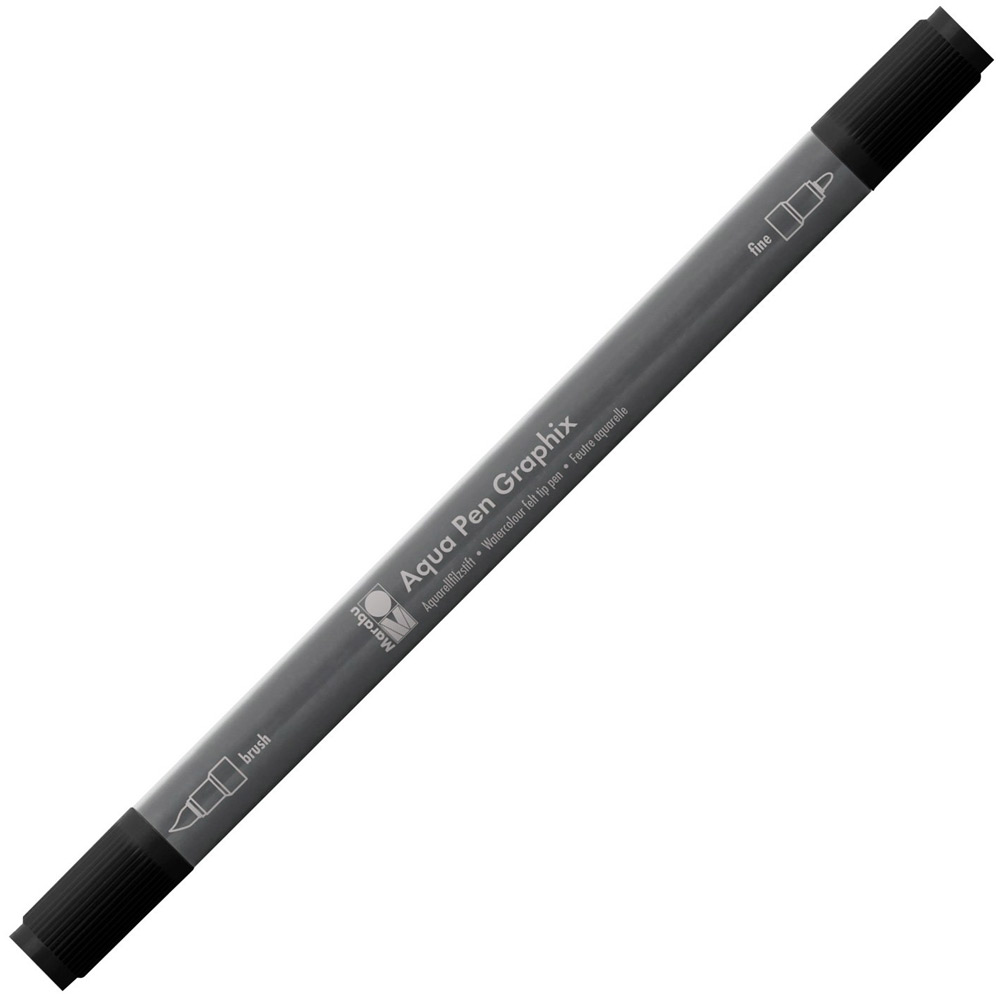 Schwarzer Marker mit zwei Spitzen, einer feinen und einer breiten. Beschriftung 'Aqua Pen Graphix'.