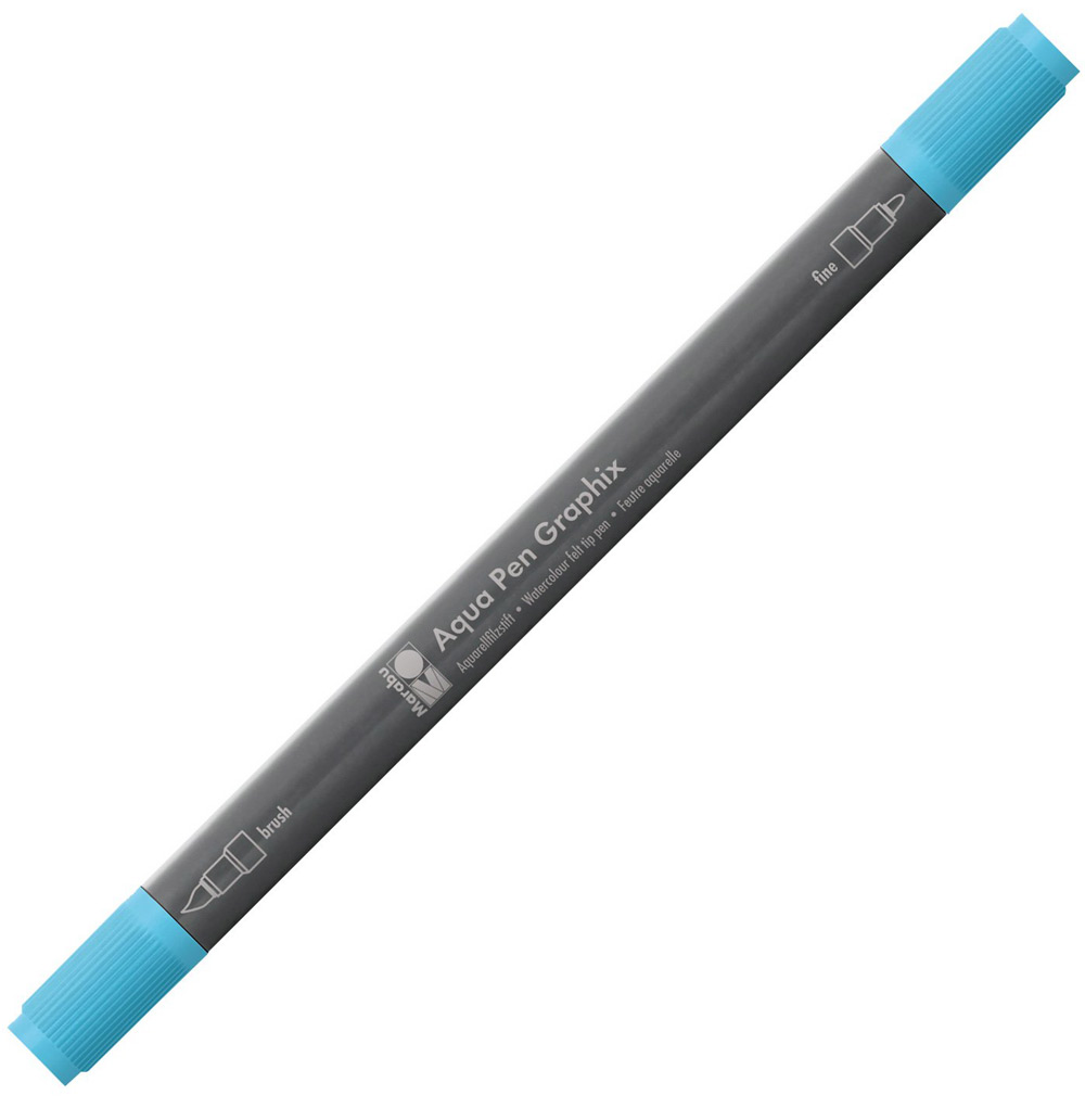 Aqua Pen Graphix Marker mit zwei Spitzen. Eine feine und eine Pinselspitze, in Blau.