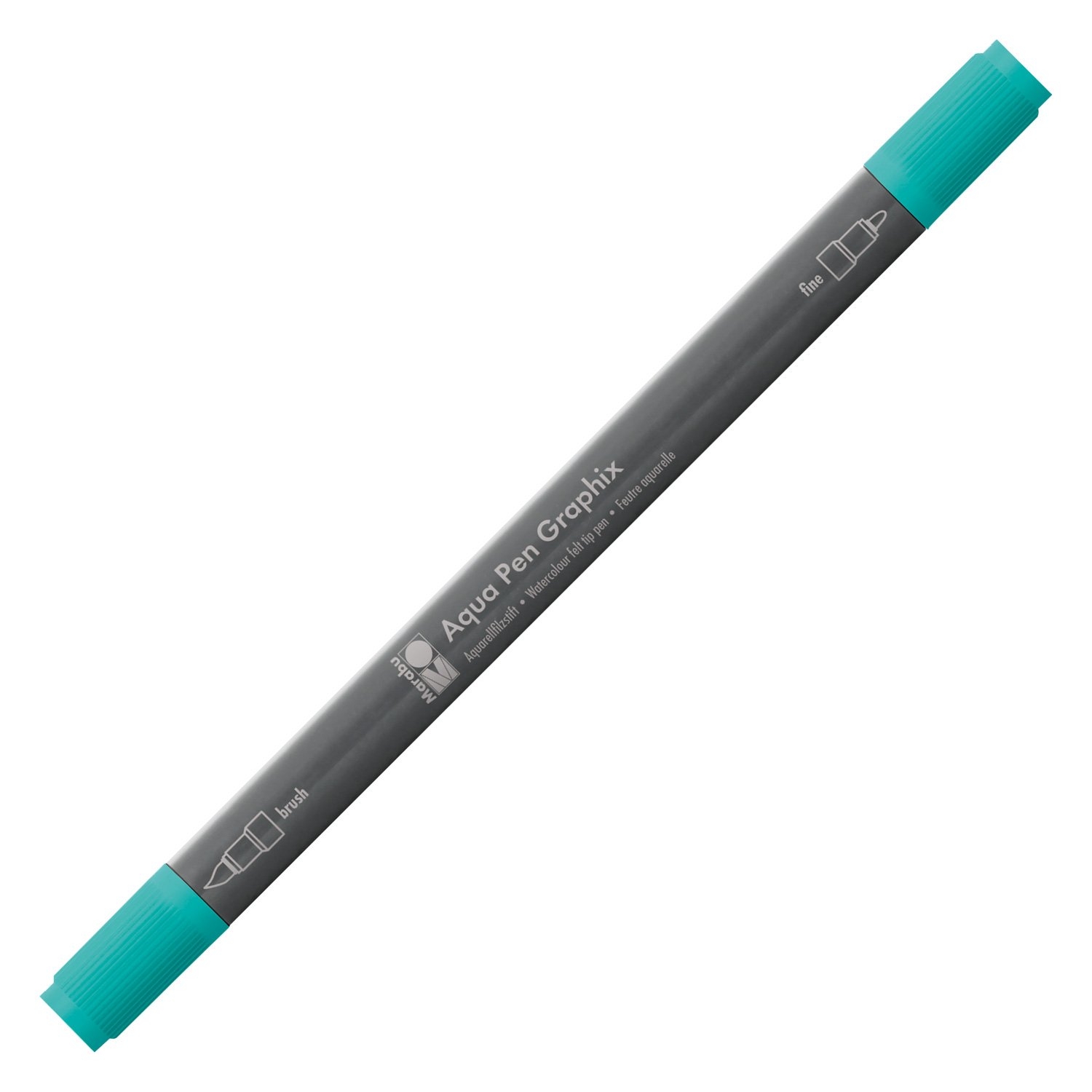 Grauer Marker mit zwei Spitzen: feine und Pinselspitze. Deckel in Türkis. Beschriftung: 'Aqua Pen Graphix'.