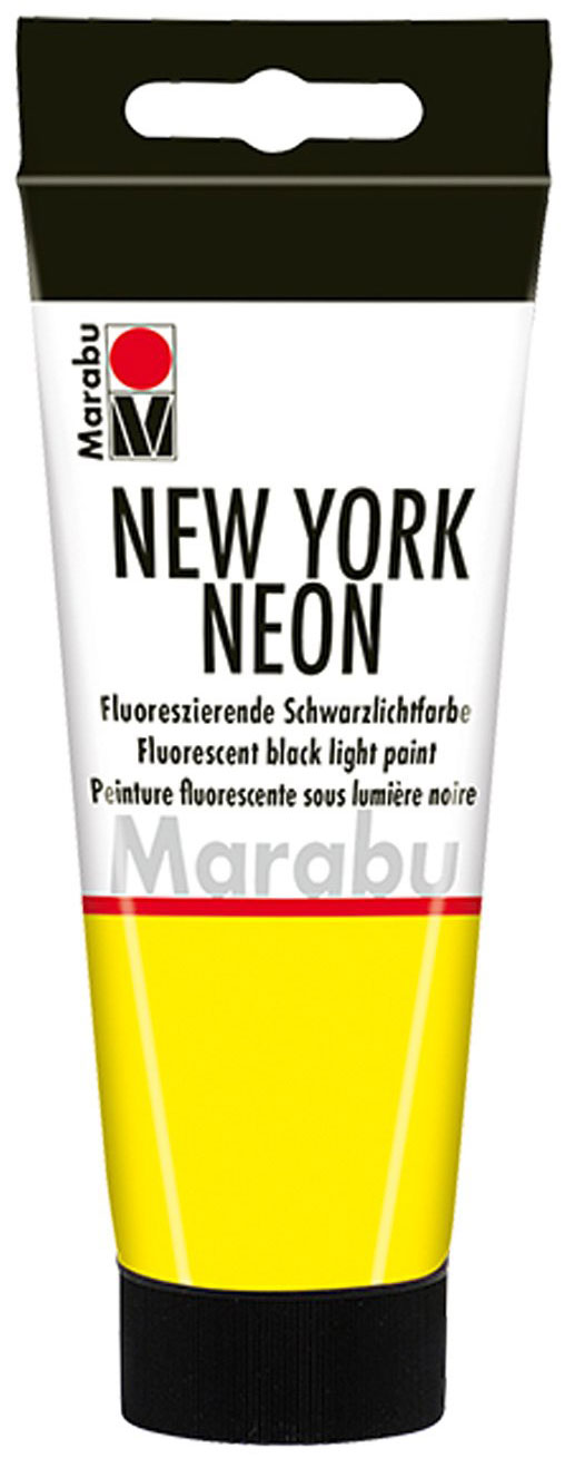 Tube mit fluoreszierender schwarzlichfarbe in leuchtendem Gelb. Markierung mit dem Namen 'NEW YORK NEON'.