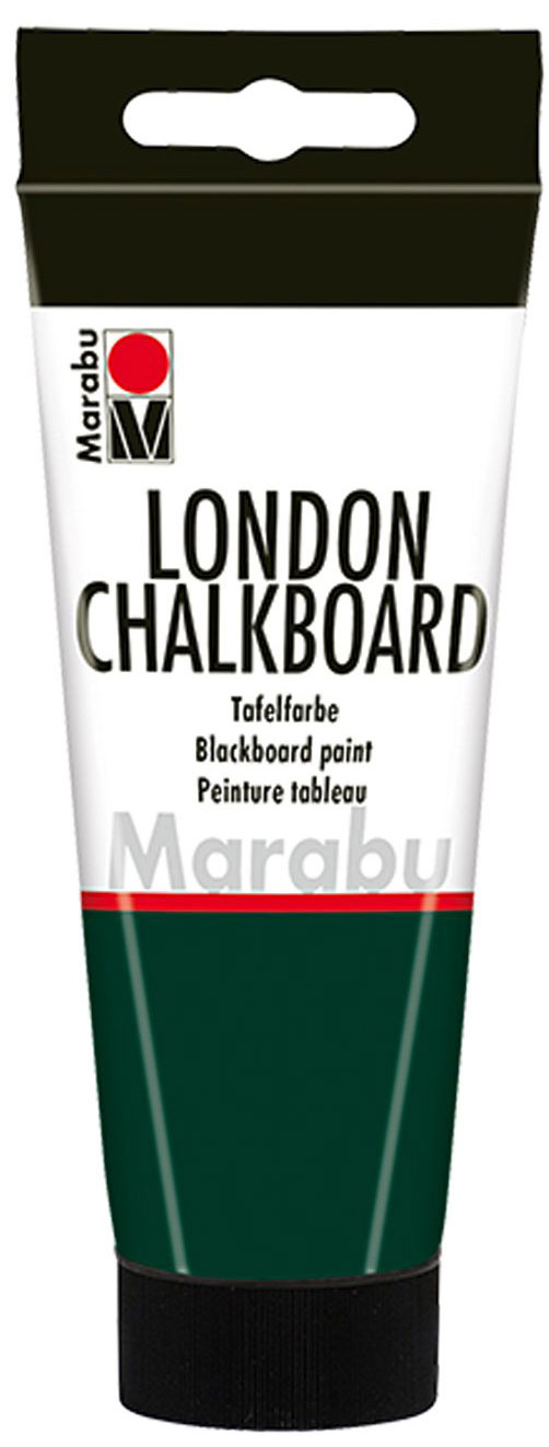 Grüne Tube mit schwarzer Kappe. Beschriftung mit 'London Chalkboard' und Hinweisen zur Verwendung als Tafelfarbe.