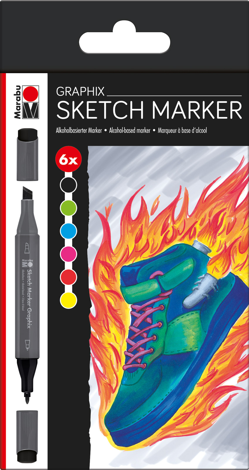Set von 6 alkoholbasierten Markern. Verpackung zeigt einen grünen Schuh, umgeben von Flammen. Farben: Schwarz, Grün, Blau, Pink, Gelb.