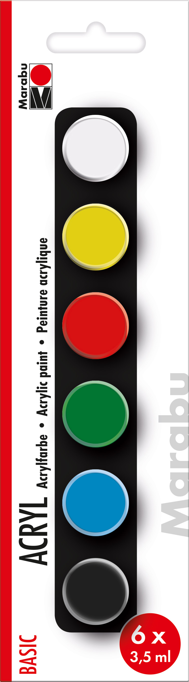 Set mit sechs Acrylfarben in verschiedenen Farben. Jede Farbe ist in einer runden Dose mit 3,5 ml.