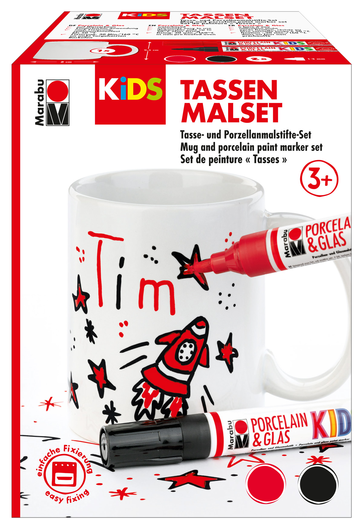 Set mit einer weißen Tasse und zwei Porzellanmalstiften. Die Tasse ist mit einem Raketenmotiv und Sternen verziert.