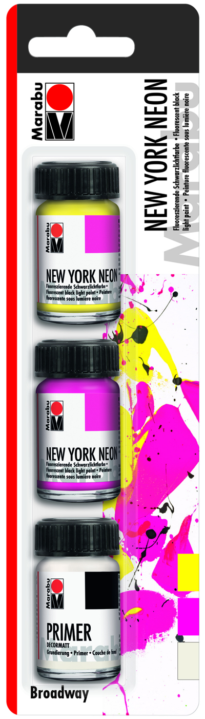 Drei kleine Farbgläser in neonfarben. Enthält Neonfarben und einen Primer.