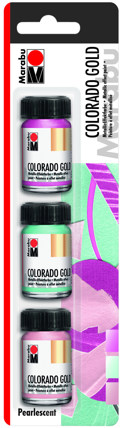 Vier kleine Farbflaschen in verschiedenen metallic Farben. Verpackung zeigt die Marke Marabu und den Namen Colorado Gold.