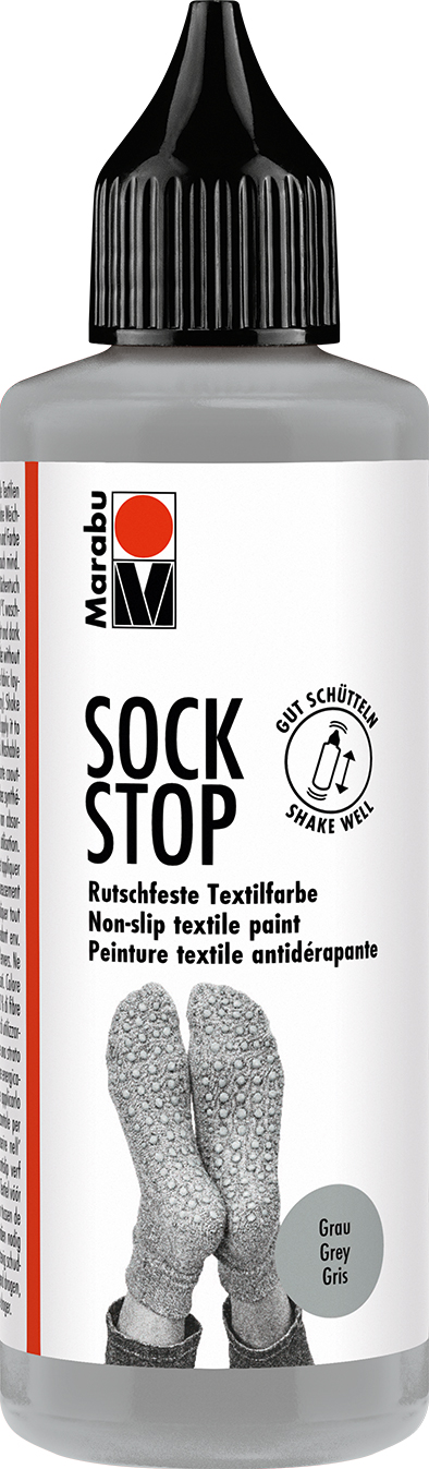 Graue Textilfarbe in einer Flasche. Für rutschfeste Socken geeignet.