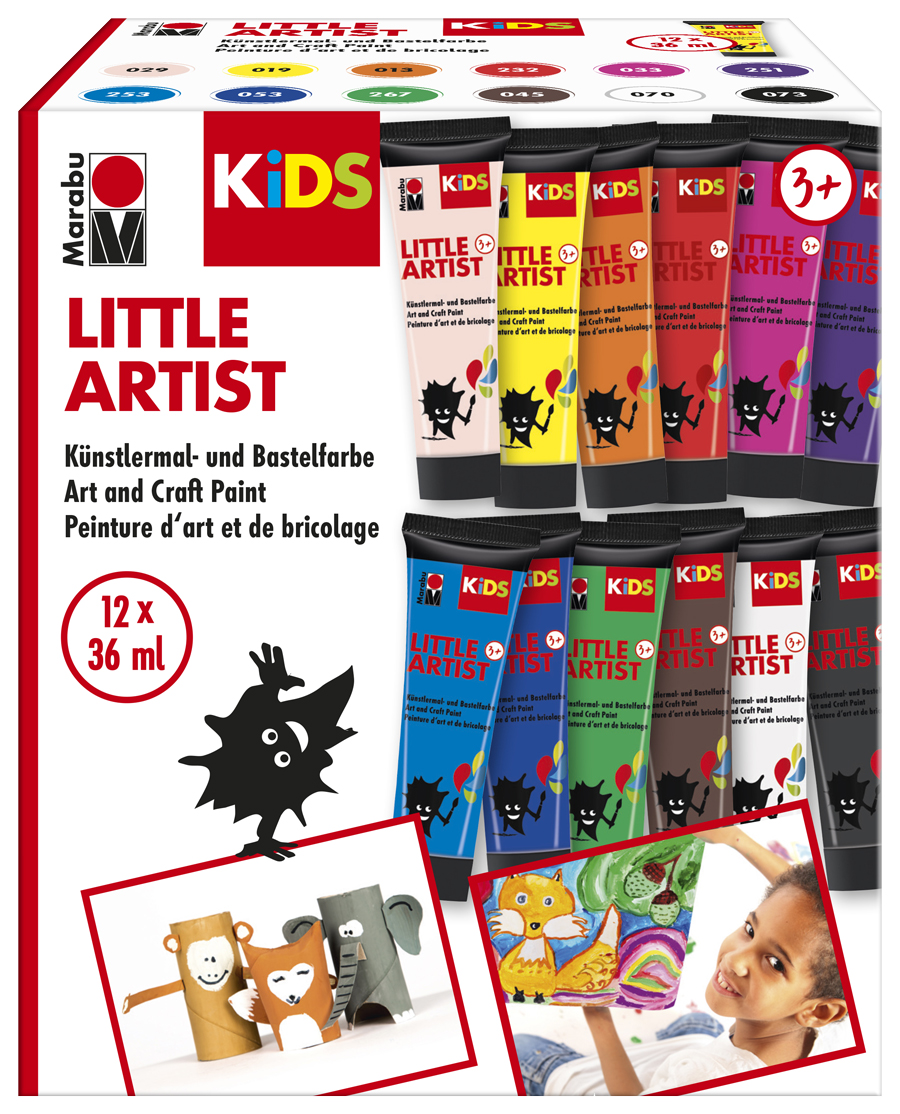 Packung mit 12 Tuben Kinderfarbe in verschiedenen Farben. Enthält Beispiele für Bastelarbeiten.